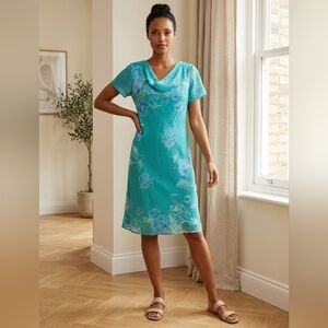 Coldwater Creek Blue Green Floral Sheath Dress Flutter Sleeves Party Shower 12